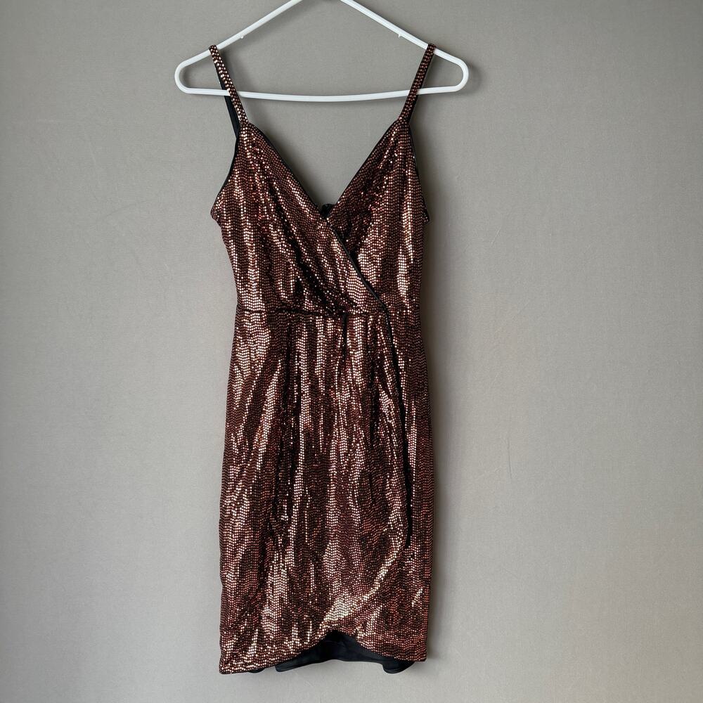 GUESS Moody MobWife Holiday Metallic‎ Sequin Wrap Mini Dress 4 Copper